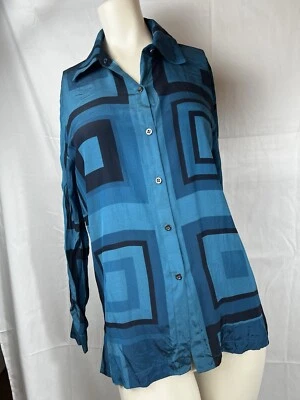 Blusa Doncaster Seda Geométrica Azul Botón Cuello Frontal 4 Foto 1 de 4
