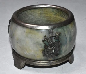 Antique Coin Silver Dragons Censer Carved Soapstone Jade Signed Hallmarked 75mm - Picture 1 of 11