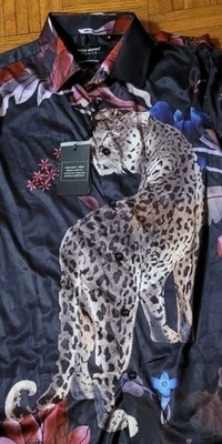 Alex Vando Premium Leopard Print Satin Long Sleeved Two Way Stretch Medium - Image 1 of 4