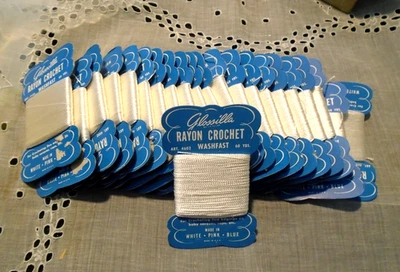 NOS   22 cards of  Vintage Glossilla WHITE Rayon  Crochet thread - 60 yds ea. - Image 1 of 2