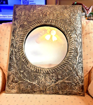 50s LG. SILVERPLATE WALL MIRROR- 20" x 16 1/4"- SPAIN - BOTANICAL DETAIL DESIGN - Image 1 of 4