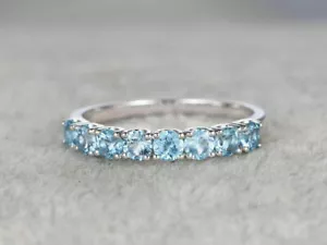 1ct Round Cut Lab Created Aquamarine Half Eternity Ring 14K White Gold Plated  - Picture 1 of 4