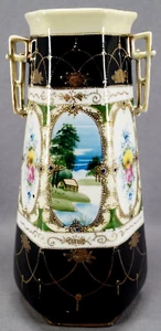 Kinjo Nippon Hand Painted Landscape Floral Black & Beaded Gold 10 1/2 Inch Vase - Picture 1 of 12