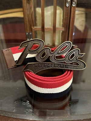 Ralph Lauren Gent’s  Size 36 Web & Leather Belt With Oversize “Polo” Buckle - Imagem 1 de 4
