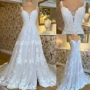 A-Line Boho Wedding Dresses Lace Appliques Spaghetti Straps V-Neck Bridal Gowns - Picture 1 of 10