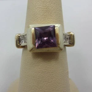 Sterling Silver Engagement Ring 925 Princess CZ Purple Amethyst band Size 7 - Picture 1 of 4