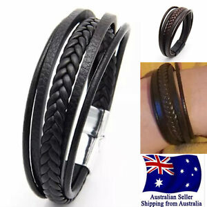  Stainless Steel Men's Magnetic Buckle Bracelet Bangle Cuff Leather Braided 1pc