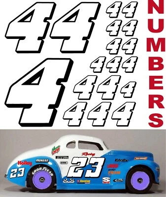 WHITE w/Black (#4's) Racing Numbers Decal Sticker Sheet 1/8-1/10-1/12 Team losi - Image 1 of 4
