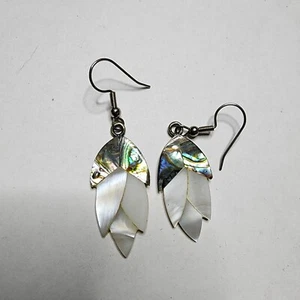 Vintage Lotus Flower Abalone Inset Dangle Earrings Alpaca Silver Mexico As Is - Picture 1 of 3