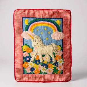 Vtg Mystical Rainbow, Unicorn, Meadow, Friends Quilted Baby Blanket 43x31 1/2" - Picture 1 of 24
