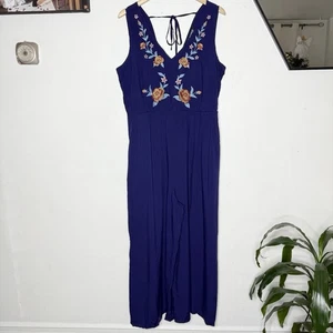 New Bloomchic Blue Floral Embroidery Wide Leg Jumpsuit Womens 14-16 Boho Beach - Picture 1 of 14