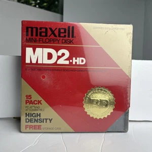 NEW SEALED Maxell Mini Floppy Disks MD2-D 15 Pack ~ w/ Plastic Storage Case - Afbeelding 1 van 15