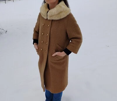 Casaco de pele vintage camelo bronzeado lã tweed peito duplo colarinho grande - Imagem 1 de 4