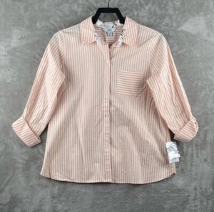 Croft & Barrow Womens Petite Button Down Shirt White Orange LS Size PM - Picture 1 of 9