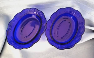 Vintage Cobalt Blue Oval Depression Glass Bar Soap or Butter Dishes Set of 2 - Picture 1 of 6