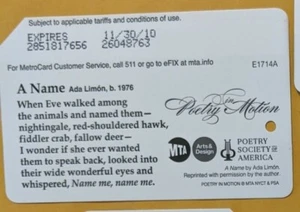 Poesia Un Nome Ada Limon NYC MetroCard - Scaduta, come nuova - Foto 1 di 2