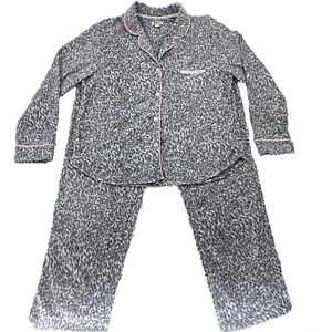DKNY Lg Long-Sleeve 2pc Pajama Set Super Soft Gray White & Pink Leopard Print