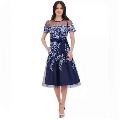 NWT Eliza J | Navy Blue Floral Illusion Neck Embroidered Cocktail Dress 4P - Image 1 of 4