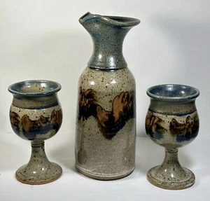Handmade Kapp Art Studio Drip Glazed Pottery Carafe & 2 Matching Goblets - Picture 1 of 22