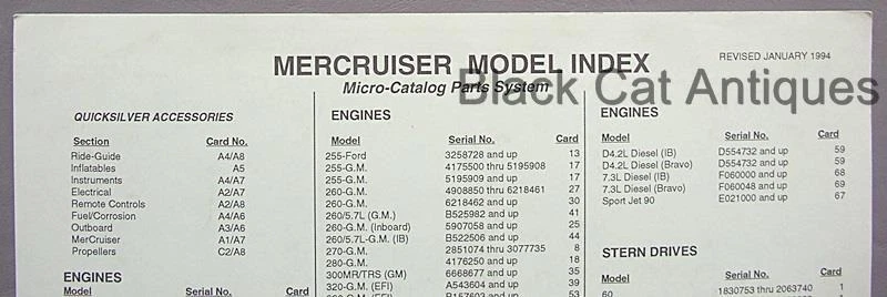 Original Mercruiser Model Index - Micro-Card Parts System CHART January 1994 - Image 1 of 2