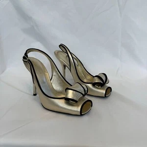 Sergio Rossi Gold Leather Bow Slingback Stiletto Size 38.5 (US 8)  - Picture 1 of 11