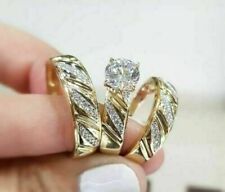14K Yellow Gold Plated His Her Diamond Trio Set Bridal Engagement Wedding Ring
