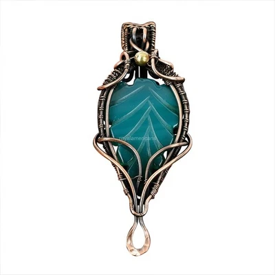 Pear Carved Leaf Green Onyx Gemstone Wire Wrapped Mother Pendant Jewelry Copper - Image 1 of 4
