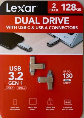 2 Pack Brand New Lexar 128GB 2-in-1 Dual Flash Drive USB-C and USB-A - Image 1 of 4