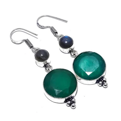 Pendiente enchapado en plata con piedras preciosas esmeralda de labradorita natural 2,2" N273 Foto 1 de 4