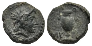 Ancient Greek bronze coin minted in Myrina, Aeolis - Helios and Amphora - Picture 1 of 1