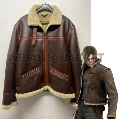 Men Leon Kenedy B3 Bomber Flight Gaming Style Aviator Cosplay Leather Fur Jacket - Image 1 of 4