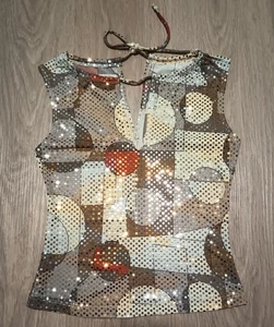 Vtg 90s Stretchy Allover Gold Silver Sequin Geometric Tank Top disco sparkly XS - Picture 1 of 8