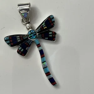 Sterling Silver Inlay Multi Gem Dragonfly Pendant - Picture 1 of 6