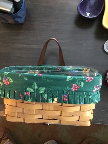 Longaberger hanging basket w/ fabric liner and plastic liner Leather Cover