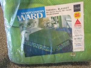 Vintage Montgomery Ward Thermal Blanket Green 66 x 90 Montesanto New Old Stock - Picture 1 of 7