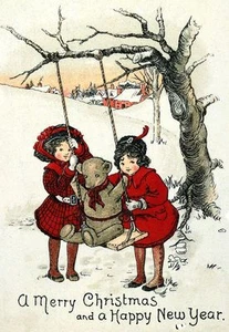 Bezaubernd! Rot beschichteter Mädchen Schaukel Teddybär im Schnee. Weihnachtskarten Vintage Kunst - Bild 1 von 3
