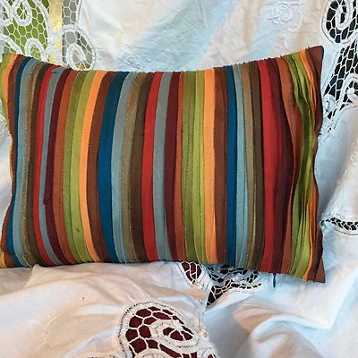 DESIGNER ABSTRACT RAINBOW RIBBON APPLIQUE  CLOTH BOLSTER 16'X12" INC INSERT  - Image 1 of 3