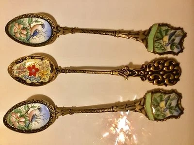 Vintage Tea Coffee Spoon Bronze,Enamel set 3 pc - Image 1 of 4
