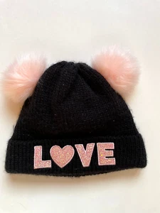 Children's Place Girls LOVE Glitter Pom Pom knit Hat Black L/XL ( 8+) - Picture 1 of 3