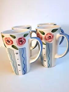 Set of 4 Tall Roses and Stripes Coffee Mugs 6" - Picture 1 of 8