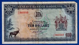 Rhodesia $10 1973  P-33f (15th Dec 1973) , Circulated  Banknote J/22 860550 - Picture 1 of 3