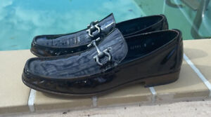SALVATORE FERRAGAMO MARBLED BROWN PATENT LEATHER LOGO LOAFERS Sz 8 MADE IN ITALY