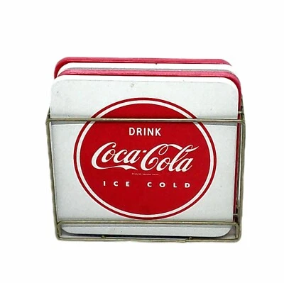 Coasters Set Coca Cola Vintage Cork Back 4" Square Diner Style with Metal Holder - Image 1 of 4