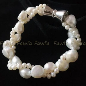 2 Rows Real Natural 4-5mm 11-12mm White Freshwater Baroque Pearl Bracelets 7.5" - Picture 1 of 6