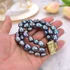 3 Rows Natural Peacock Black Freshwater Baroque Rice Pearl Bracelet 7.5'' 6-12mm