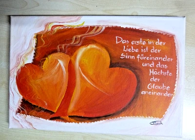 Leinwandbild 20 x 30 cm 2 Herzen Liebe Spruch auf Leinwand Orange Wandbild - Bild 1 von 2