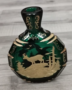 Schnupftabak Flasche aus Glas, Flakon Bixl Jagdmotiv, Gemse, Adler Goldrelief - Bild 1 von 8