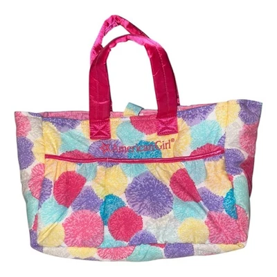 American Girl Kids Tote Bag Colorful Floral Print Pink Handles Pouch Pocket - Image 1 of 4