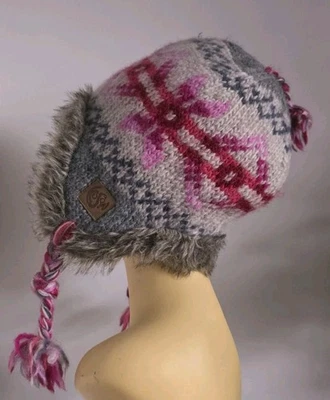 Kusan 100% Wool Trapper Earflaps Hat Fleece Lined Handmade Pink And Grey Warm - Image 1 of 4