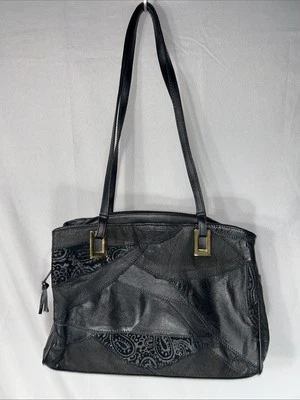 "Bolso de hombro vintage de cuero negro con retazos de los años 80 boho urbano 12x8x3""" Foto 1 de 4